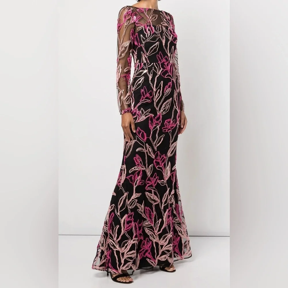 MARCHESA NOTTE***Elegant Floral Long Sleeve Maxi Dress Gown***US 6 $1295 - Picture 7 of 14